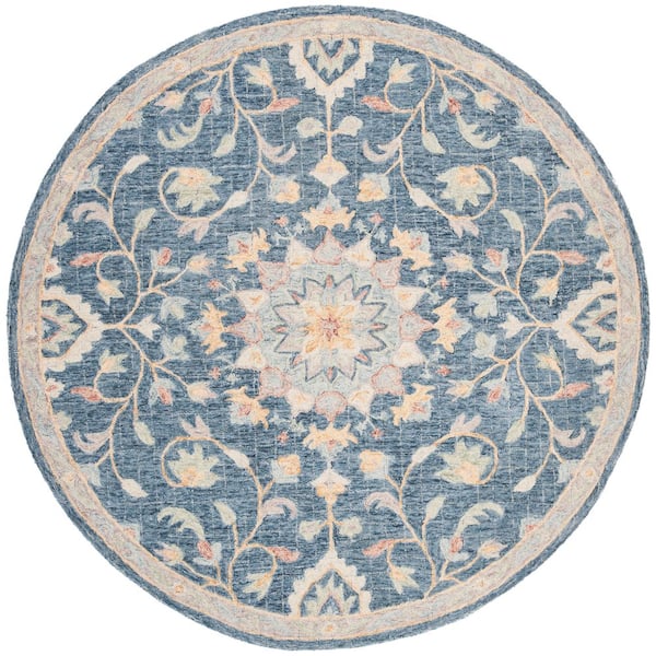 Blossom 6 ft. x 6 ft. Navy/Multi Ornate Floral Border Round Area Rug