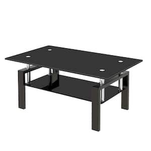 40 in. Black Tempered Glass Coffee Table, 2-Layers Coffee Table with Black Legs for Living Room