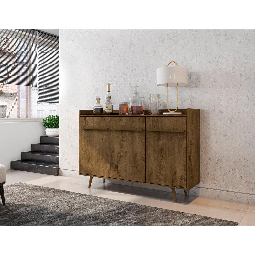 Rustic Brown Mid-Century Modern Buffet Stand with 4 Shelves