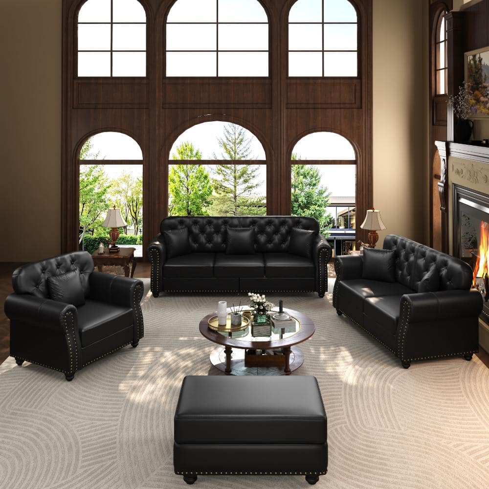 Black 4-Piece Upholstered Faux Leather Tufted Sofa with 6 pillows, Ottoman and Rolled Armrests