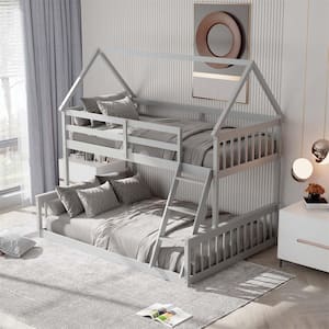 Grey Twin Over Full House Bunk Bed with Ladder and Guardrails Convertible to (2-Beds)