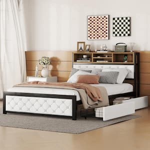 White Metal Frame Full Size Platform Bed with USB Port and 4-Drawers