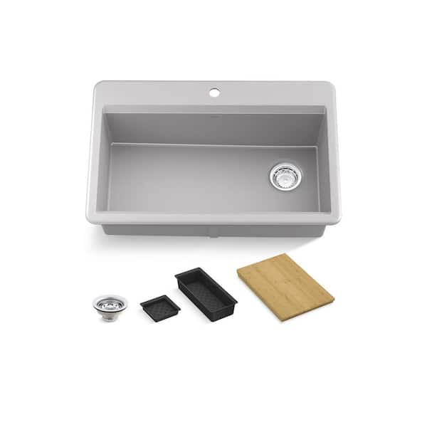 Lassen 33 in. Drop-in Single Bowl Granite Composite Kitchen Workstation Sink in Matte Grey with Accessories