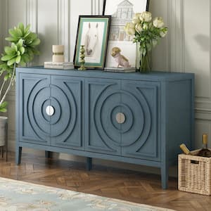 60 in. W x 16 in. D x 32 in. H Retro Antique Blue Rubberwood Ready to Assemble Kitchen Cabinet Sideboard with Circular