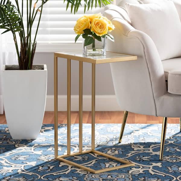 Baxton Studio Parkin 14.2 in. White and Gold C Table Marble Top End Table