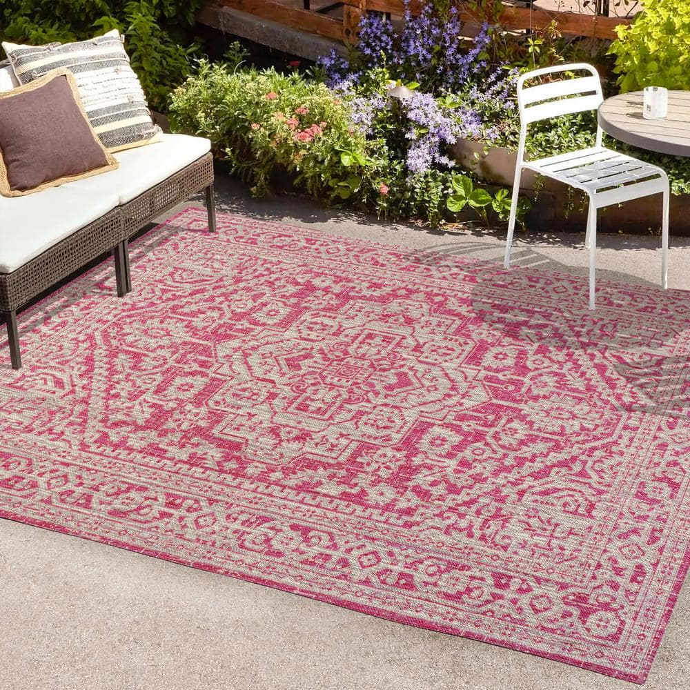 Fuchsia and Light Gray Medallion Synthetic 8' x 10' Area Rug