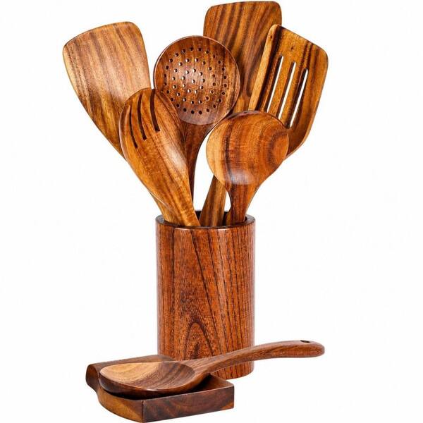 9-Piece Cooking Utensil Set Teak Brown Wooden Pizza Oven Tool Set with Holder and Spoon Rest, Non-Stick Friendly