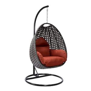 Charcoal Wicker Indoor Outdoor Hanging Egg Swing Chair For Bedroom and Patio with Stand and Cushion in Cherry