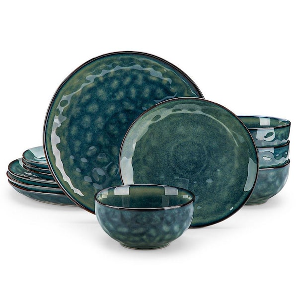 12-Piece Green Stoneware Dinnerware Set Service for 4 Bowls and Plates Set Dinner Plates Dessert Plates and Cereal Bowls