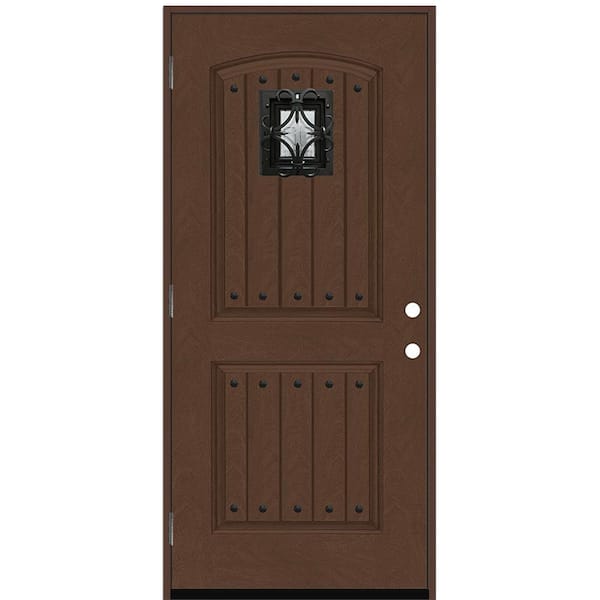 Steves & Sons Regency 36 in. x 80 in. Oxford Speak Easy Rain RHOS Russet Fiberglass Prehung Front Door 4-9/16 Frame