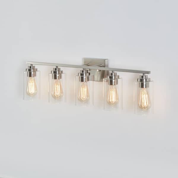 KAWOTI 35 in. 5-Light Brushed Nickel Vanity Light with Clear Glass Shade