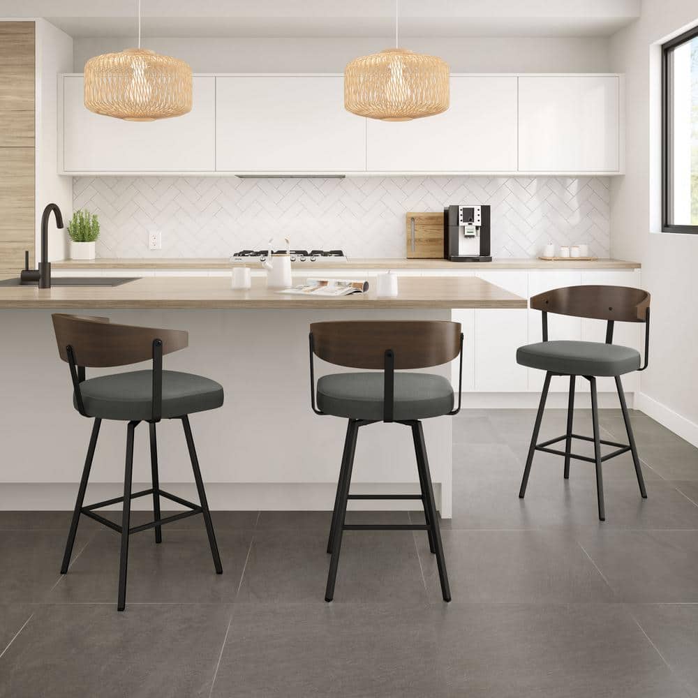 Charcoal Gray Swivel Bar Stool with Wooden Back