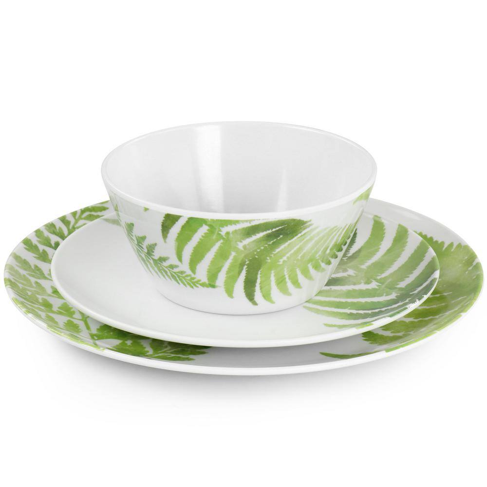 White and Green Fern Melamine 12-Piece Dinnerware Set