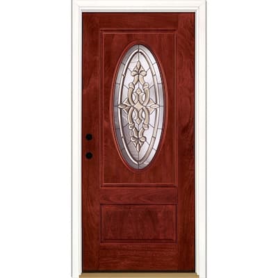 37.5 in. x 81.625 in. Silverdale Brass 3/4 Oval Lite Stained Cherry Mahogany Right-Hand Fiberglass Prehung Front Door