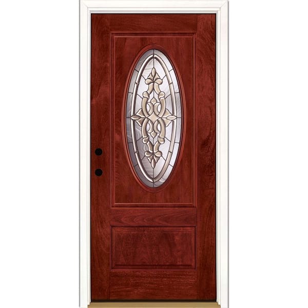 Feather River Doors 37.5 in. x 81.625 in. Silverdale Brass 3/4 Oval Lite Stained Cherry Mahogany Right-Hand Fiberglass Prehung Front Door