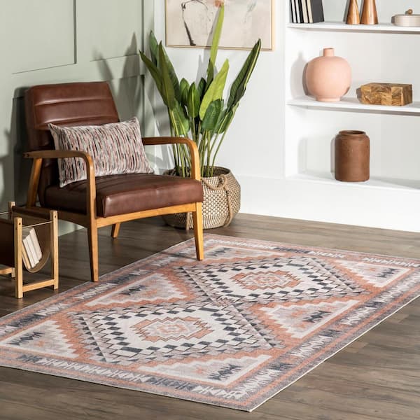 Leighton Machine Washable Southwestern Medallion Peach 8 ft. x 10 ft. Area Rug