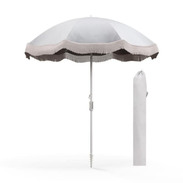Kadehome 6.5 ft. Metal Tassel Beach Market Patio Umbrella in White with Push Button Tilt