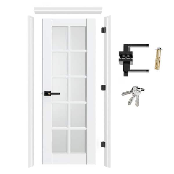 30 in. x 80 in. Right-Handed 10 Lite Frosted Glass Primed Wood Door with Quick Assemble Door Jamb Kits, Levers & Latch