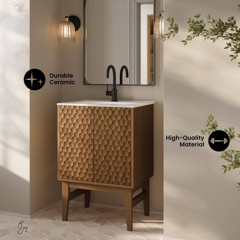 Bosse 24" Brown Oak Freestanding Bathroom Vanity with White Ceramic Sink