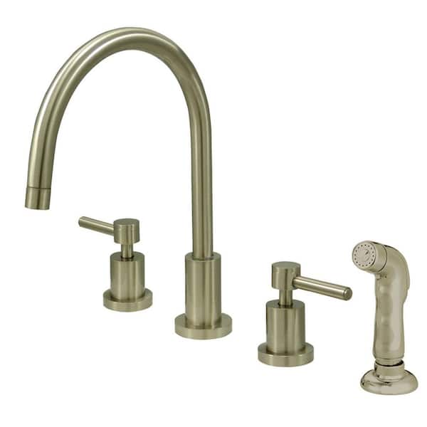 Kingston Brass Concord 2-Handle Deck Mount Widespread Kitchen Faucets with Plastic Sprayer in Brushed Nickel
