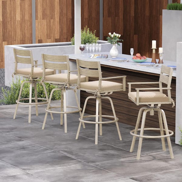 Swivel Aluminum Wood Grain Frame Outdoor Bar Stool with Canvas Antique Beige Sunbrella Cushions (4-Pack)