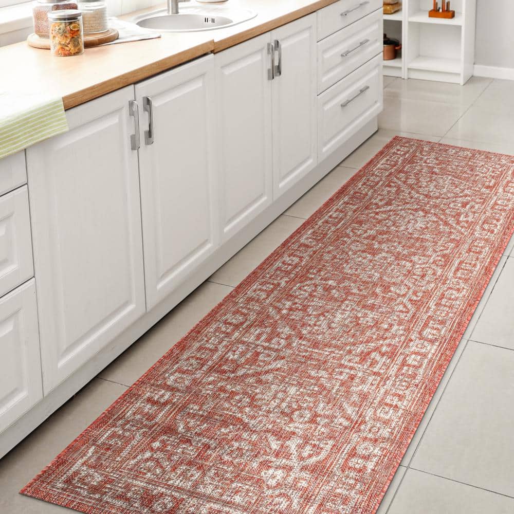 Red and Taupe Synthetic Medallion Flatweave Runner Rug