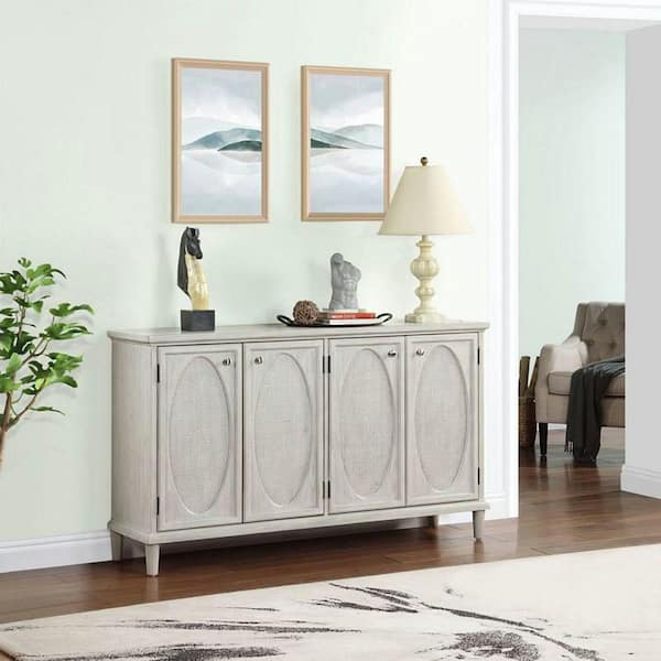 Light Gray Wood Rattan Front 60 in. x 35 in. 4-Door Credenza Sideboard with Round Silver Knobs
