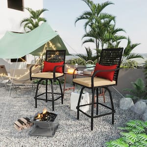 Swivel Metal Rattan Back Outdoor Bar Stools Patio Chairs with Beige Cushion All-Weather Patio Furniture (Set of 2)