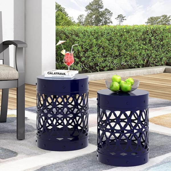Holt Navy Blue Cylindrical Metal Outdoor Patio Side Table (Set of 2)