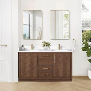 Jakarta 60 in. W. x 22 in. D x 33.9 in. H Double Bath Vanity in Aged Dark Brown Oak with Silk White Quartz Stone Top