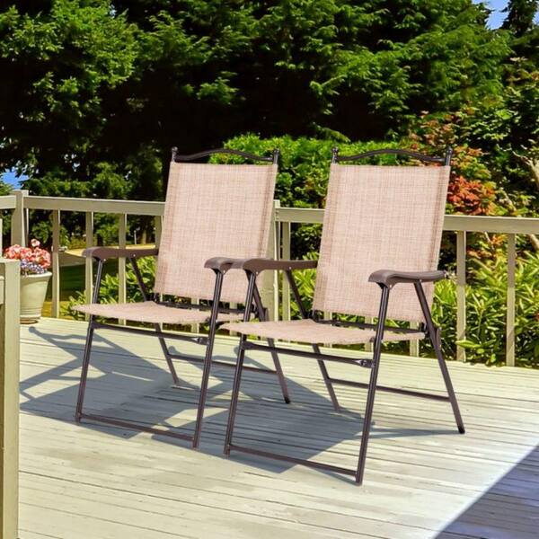 Set of authentic 2 Outdoor Patio Steel Sling Folding Chairs, Beige