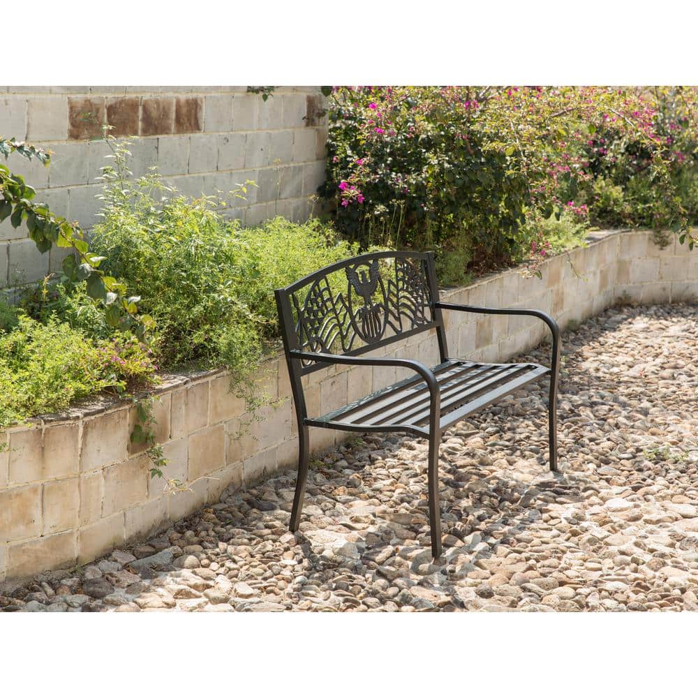 Black Steel Outdoor Patio Bench with Cast Iron American Flag Backrest