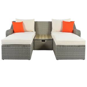 3-Piece Patio Wicker Sofa Patio Furniture Sets with Cushions, Pillows, Ottomans and Lift Top Coffee Table Beige
