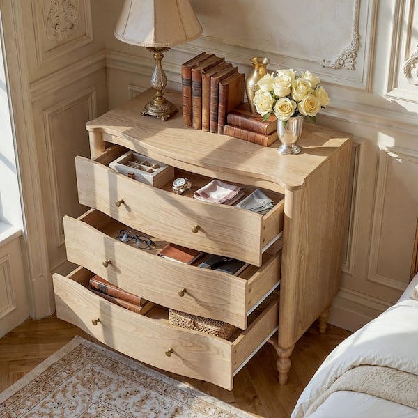 Natural Wood 3 Drawer 32.8 in. Wide Chest of Drawers with Solid Wood Legs, Curved Drawer, Modern Design For Living Room