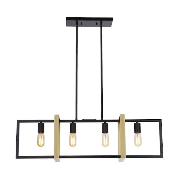 null 4-Light Matte Black and Golden Rectangle Chandelier