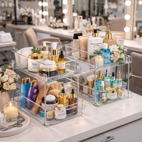 Sorbus 2-Tier Pull-Out Makeup Organizers, 2 Pack Clear Vanity & Skincare Storage Drawers, Bathroom Organization Bins FR-DR4-B