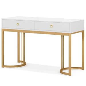 Moronia 47.25 in. Rectangular White Small Computer Desk with 2 Drawers and Gold Metal Frame for Home Bedroom Study