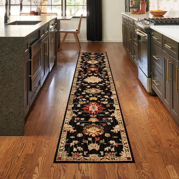 Antique Bloom Black 2 ft. x 12 ft. Medallion Traditional Runner Area Rug