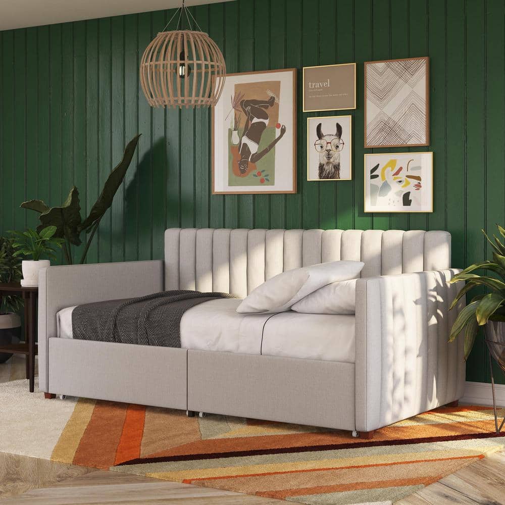 Twin Gray Linen Upholstered Daybed with Storage Drawers