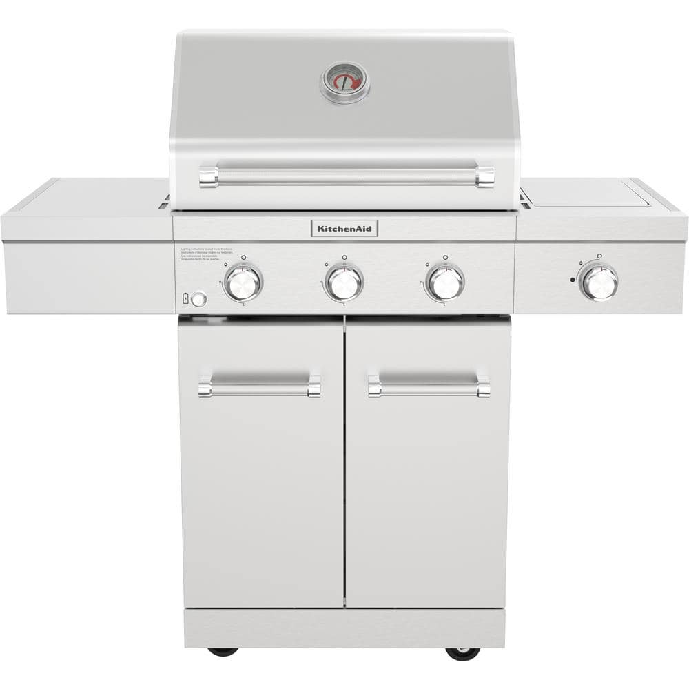 KitchenAid 3 Burner with Searing Side Burner Stainless Steel Gas Grill Plus Cover Bundle