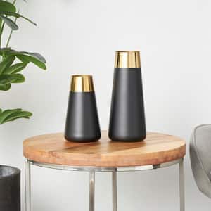 Black Stainless Steel Decorative Vase with Gold Rims (Set of 2)