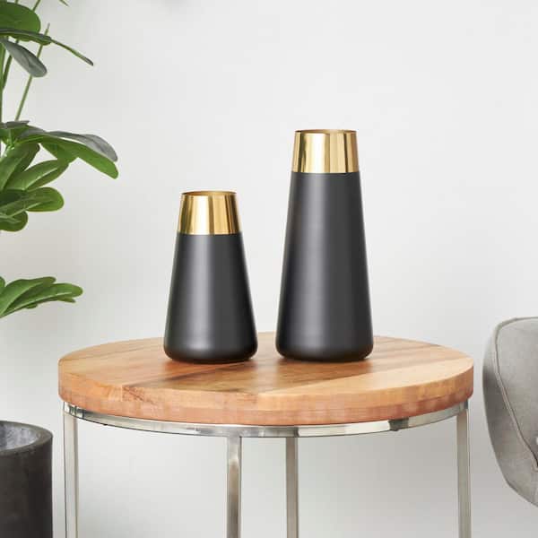 Litton Lane Black Stainless Steel Decorative Vase with Gold Rims (Set of 2)