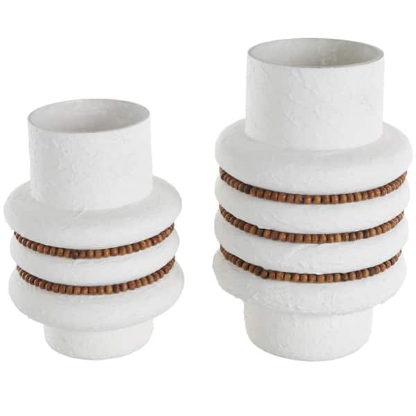 Litton Lane White Textured Glass Decorative Vase with Brown Wood Beaded Stripes (Set of 2)
