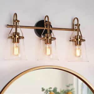 Modern 22 in. 3-Light Black and Brass Vanity Light with Bell Seeded Glass Shades