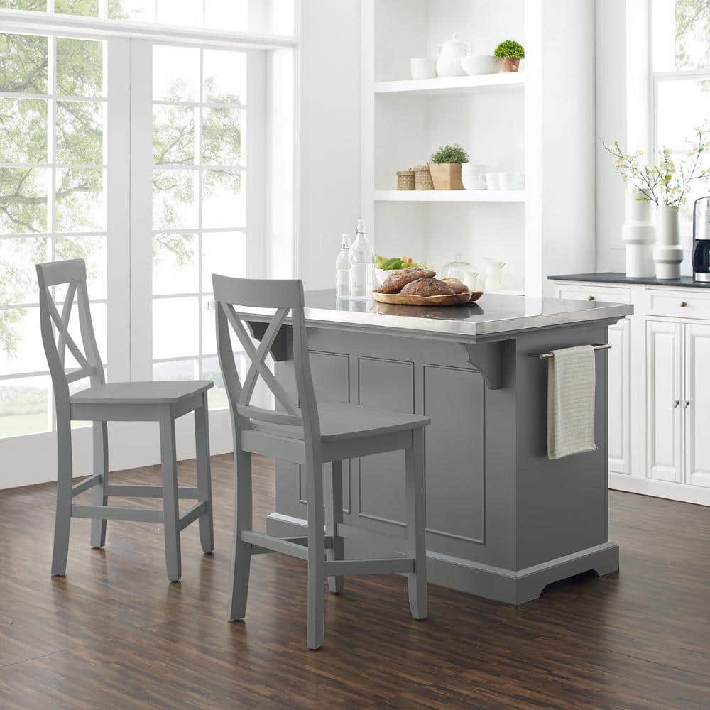Julia 50'' Gray Stainless Steel Top Kitchen Island Set with X-Back Stools