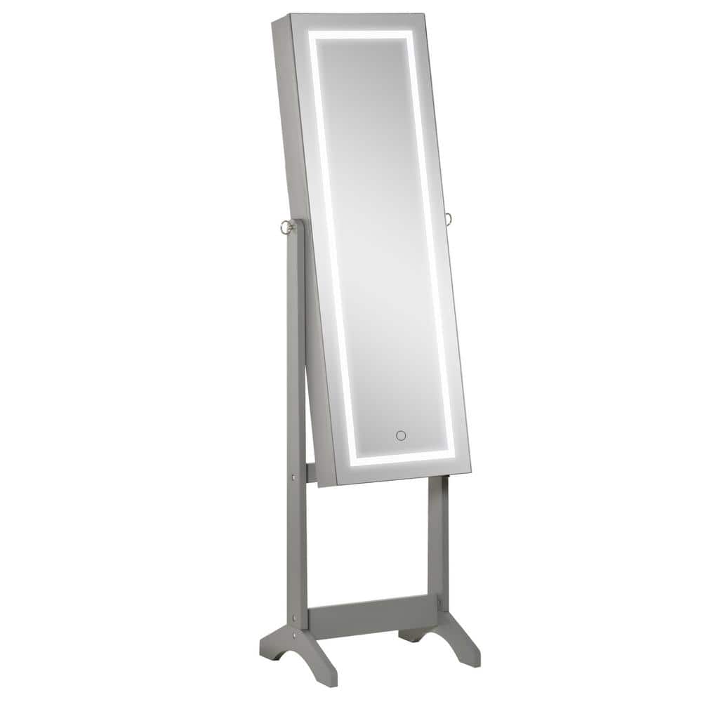 Gray Rectangular Wood Floor Standing Jewelry Cabinet with LED Light, Lockab
