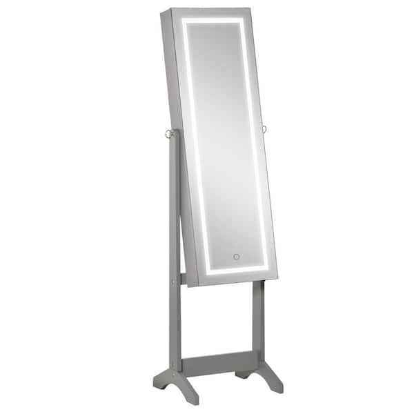 Gray Rectangular Wood Floor Standing Jewelry Cabinet with LED Light, Lockable Jewelry Organizer and Full-Length Mirror
