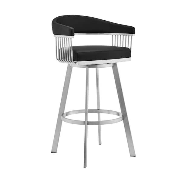 Benjara 29 in. Black and Silver Low Back Metal Frame Bar Stool with Faux Leather Seat