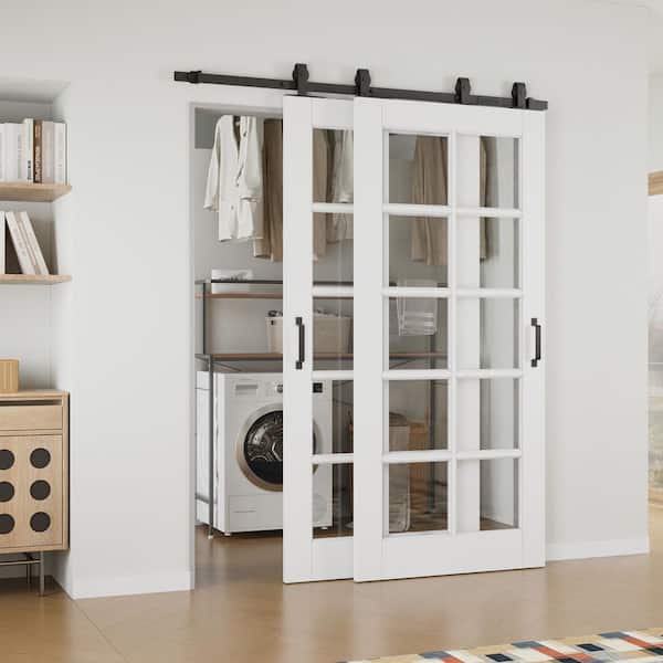 64 in. x 80 in. (Double 36 in.) 10-Lite Clear Glass White Primed MDF Sliding Barn Door with Hardware Kit Bypass