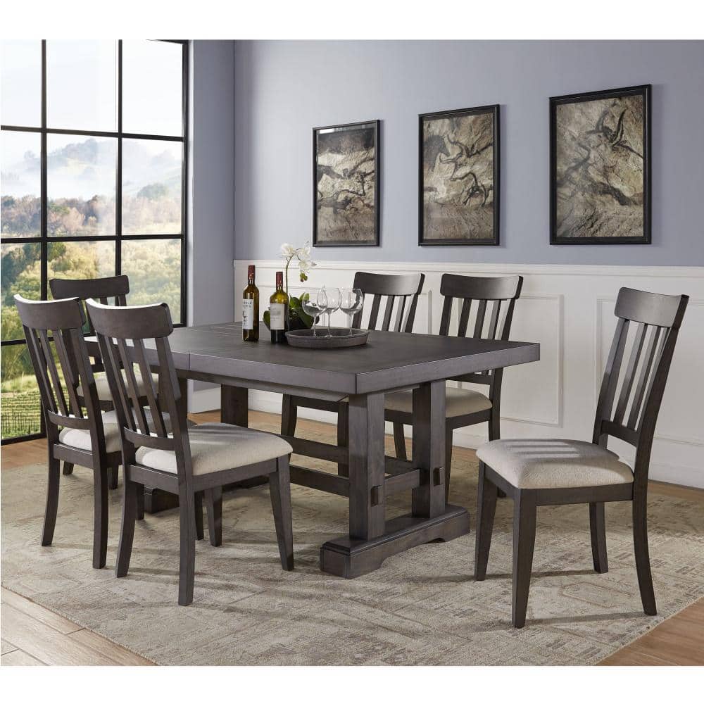 Beige Linen Upholstered Dark Brown Wood Side Chair Set